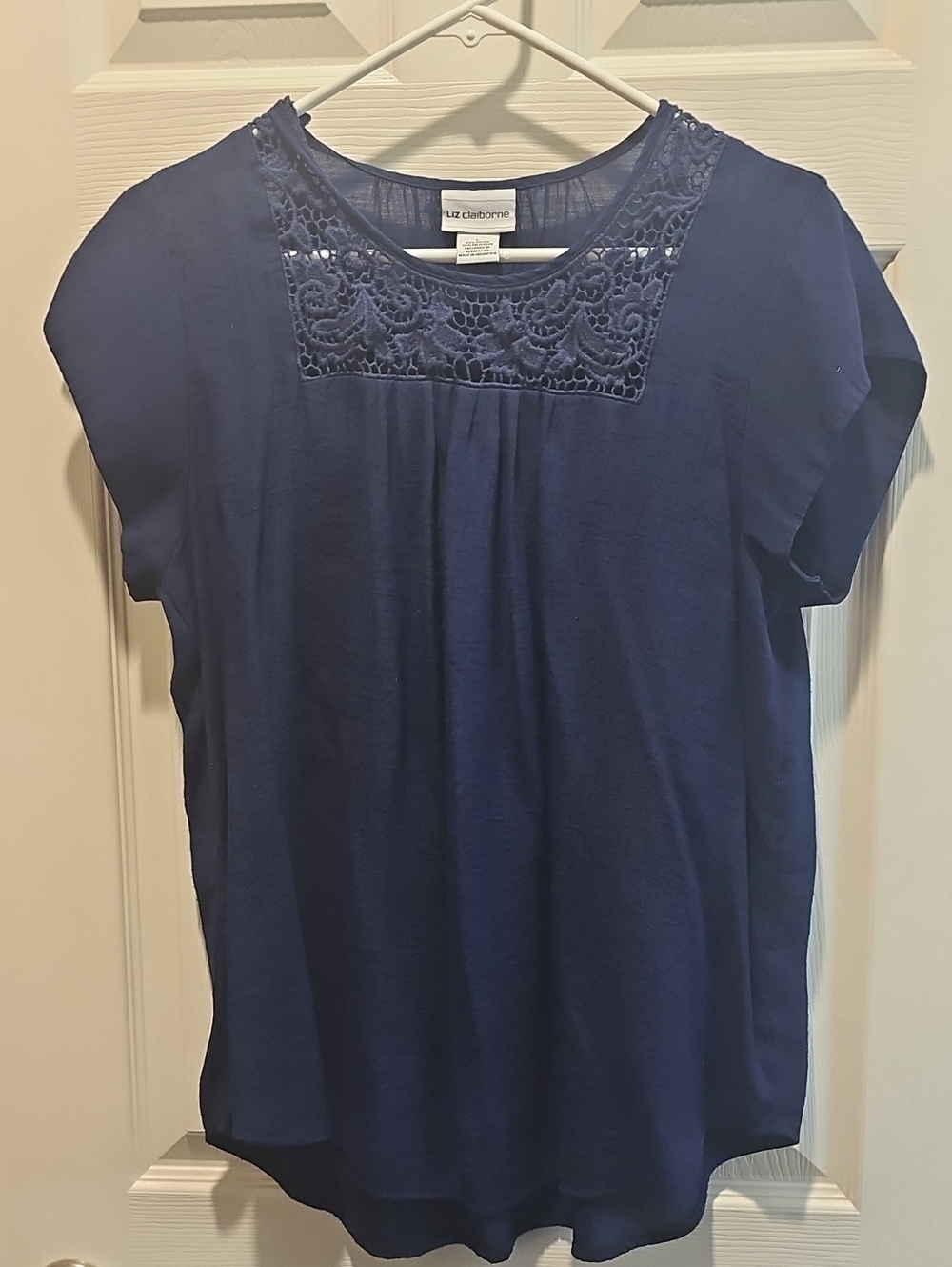 Liz Claiborne Navy Short Sleeve Blouse with Lace Yoke
